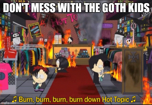 Burn Down Hot Topic | DON'T MESS WITH THE GOTH KIDS | image tagged in burn down hot topic | made w/ Imgflip meme maker