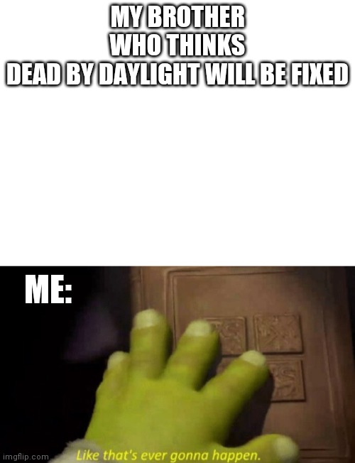 MY BROTHER WHO THINKS DEAD BY DAYLIGHT WILL BE FIXED; ME: | image tagged in blank white template,like that's ever gonna happen | made w/ Imgflip meme maker