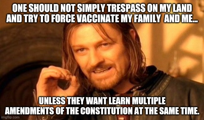 Biden might want to reevaluate going door to door. | ONE SHOULD NOT SIMPLY TRESPASS ON MY LAND AND TRY TO FORCE VACCINATE MY FAMILY  AND ME... UNLESS THEY WANT LEARN MULTIPLE AMENDMENTS OF THE CONSTITUTION AT THE SAME TIME. | image tagged in memes | made w/ Imgflip meme maker