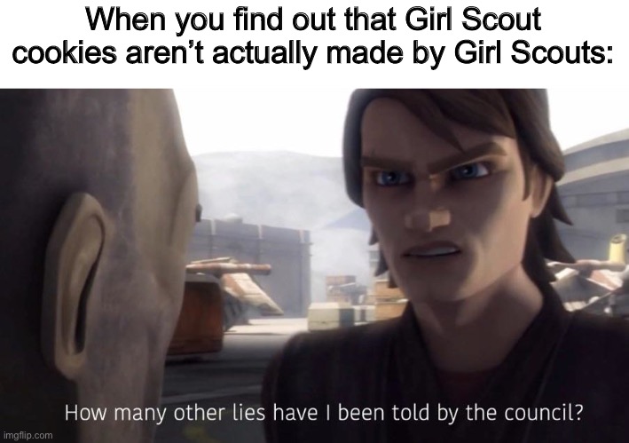 Honestly tho | When you find out that Girl Scout cookies aren’t actually made by Girl Scouts: | image tagged in how many lies,girl scout cookies | made w/ Imgflip meme maker