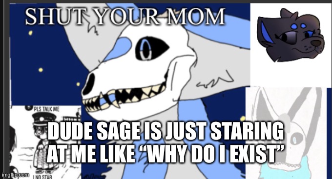 I made Sage- | DUDE SAGE IS JUST STARING AT ME LIKE “WHY DO I EXIST” | image tagged in weebgirls template | made w/ Imgflip meme maker