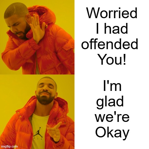 Drake Hotline Bling Meme | Worried
I had
offended 
You! I'm
glad 
we're
Okay | image tagged in memes,drake hotline bling | made w/ Imgflip meme maker