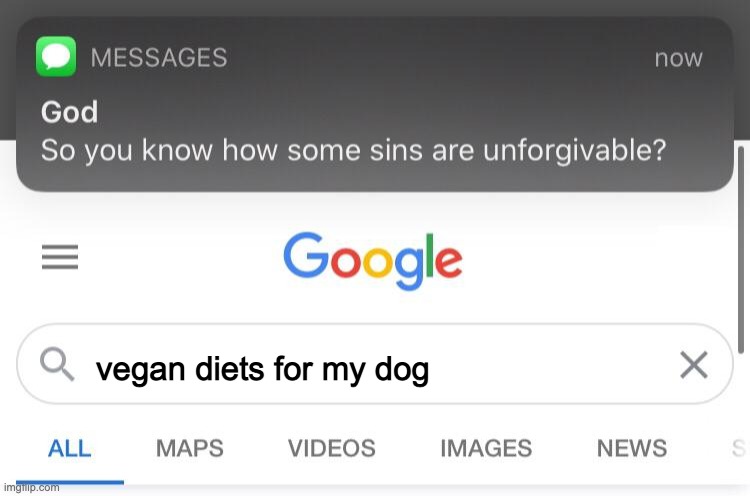 poor doggo | vegan diets for my dog | image tagged in so you know how some sins are unforgivable | made w/ Imgflip meme maker