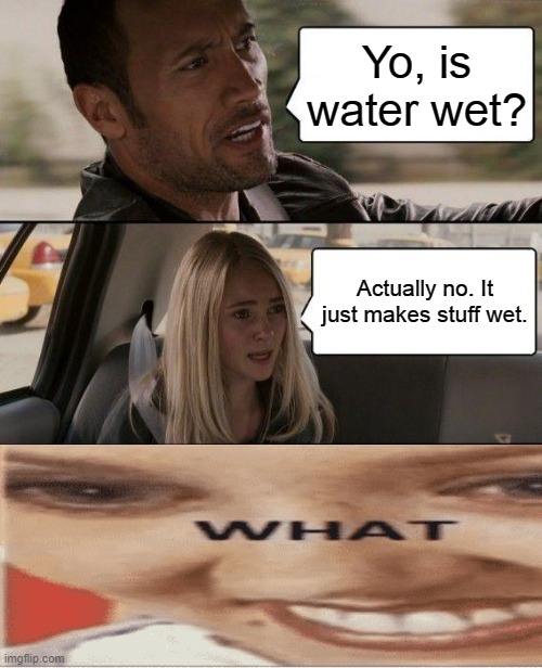 W  H  A  T |  Yo, is water wet? Actually no. It just makes stuff wet. | image tagged in memes,the rock driving,water,wet,the what | made w/ Imgflip meme maker
