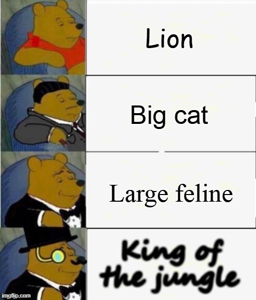 Tuxedo Winnie the Pooh 4 panel | Lion; Big cat; Large feline; King of the jungle | image tagged in tuxedo winnie the pooh 4 panel | made w/ Imgflip meme maker