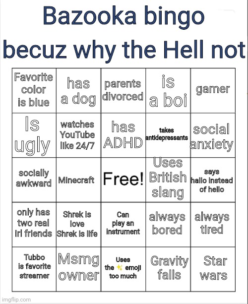 Blank Bingo | becuz why the Hell not; Bazooka bingo; parents divorced; has a dog; gamer; Favorite color is blue; is a boi; has ADHD; Is ugly; social anxiety; takes antidepressants; watches YouTube like 24/7; Uses British slang; socially awkward; says hallo instead of hello; Minecraft; only has two real irl friends; Shrek is love
Shrek is life; always tired; always bored; Can play an instrument; Msmg owner; Star wars; Tubbo is favorite streamer; Uses the ✨ emoji too much; Gravity falls | image tagged in blank bingo | made w/ Imgflip meme maker