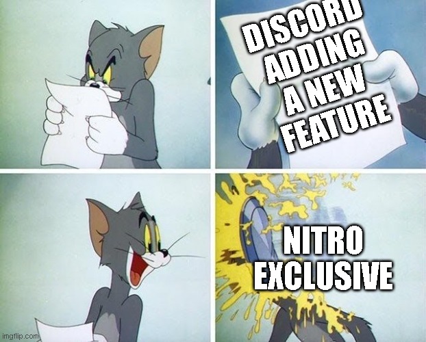 Tom and Jerry custard pie | DISCORD ADDING A NEW FEATURE; NITRO EXCLUSIVE | image tagged in tom and jerry custard pie | made w/ Imgflip meme maker