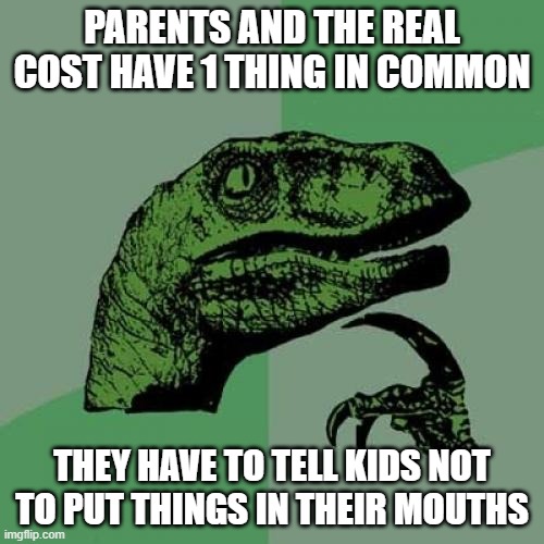 although the real cost is more frightening | PARENTS AND THE REAL COST HAVE 1 THING IN COMMON; THEY HAVE TO TELL KIDS NOT TO PUT THINGS IN THEIR MOUTHS | image tagged in memes,philosoraptor | made w/ Imgflip meme maker