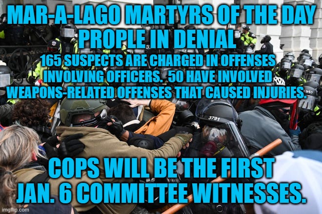 Traitors who attack cops.  The New Republicans! | MAR-A-LAGO MARTYRS OF THE DAY
PROPLE IN DENIAL; 165 SUSPECTS ARE CHARGED IN OFFENSES INVOLVING OFFICERS.  50 HAVE INVOLVED WEAPONS-RELATED OFFENSES THAT CAUSED INJURIES. COPS WILL BE THE FIRST JAN. 6 COMMITTEE WITNESSES. | image tagged in politics | made w/ Imgflip meme maker