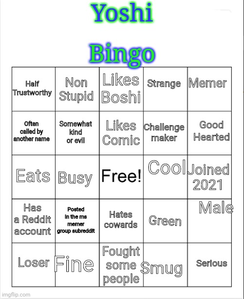 Blank Bingo | Yoshi; Bingo; Memer; Likes Boshi; Strange; Non Stupid; Half Trustworthy; Likes Comic; Often called by another name; Challenge maker; Somewhat kind or evil; Good Hearted; Cool; Eats; Joined 2021; Busy; Male; Has a Reddit account; Posted in the ms memer group subreddit; Hates cowards; Green; Fine; Serious; Loser; Smug; Fought some people | image tagged in blank bingo | made w/ Imgflip meme maker