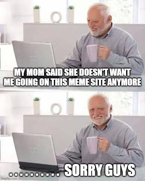My mom doesnt like this website | MY MOM SAID SHE DOESN'T WANT ME GOING ON THIS MEME SITE ANYMORE; . . . . . . . . . .  SORRY GUYS | image tagged in memes,hide the pain harold,sorry,leaving | made w/ Imgflip meme maker