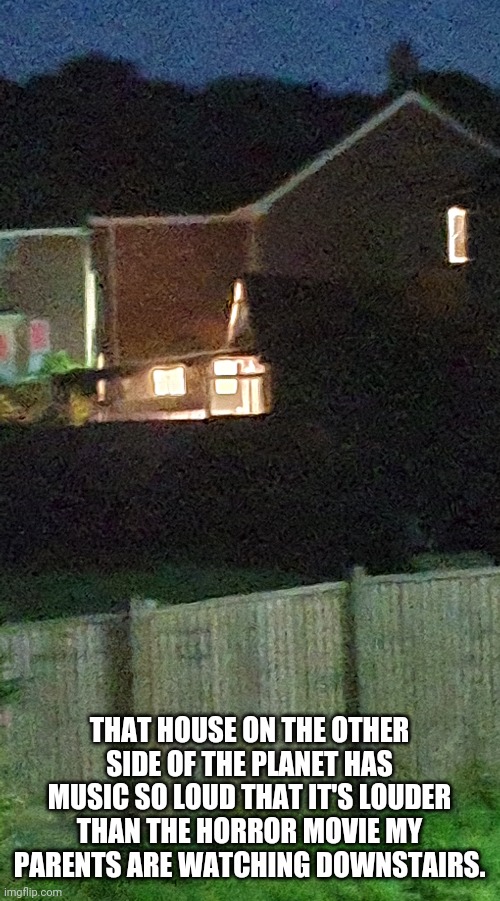 This is at 5x zoom and it's 11pm and I can't get to sleep because of them my window is closed what do I do. | THAT HOUSE ON THE OTHER SIDE OF THE PLANET HAS MUSIC SO LOUD THAT IT'S LOUDER THAN THE HORROR MOVIE MY PARENTS ARE WATCHING DOWNSTAIRS. | made w/ Imgflip meme maker