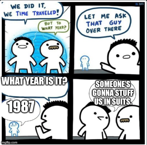 Kids In 1987 |  WHAT YEAR IS IT? SOMEONE’S GONNA STUFF US IN SUITS. 1987 | image tagged in time travel,five nights at freddys | made w/ Imgflip meme maker