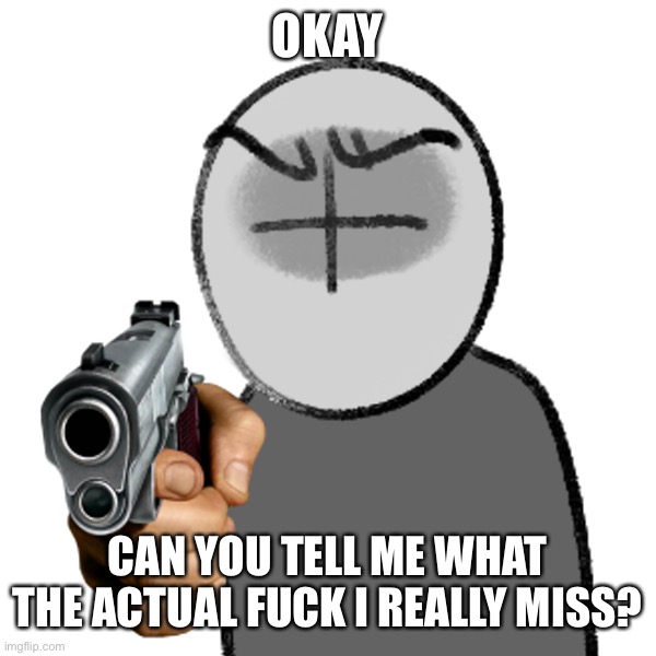 h | OKAY; CAN YOU TELL ME WHAT THE ACTUAL FUCK I REALLY MISS? | image tagged in grunt with a gun | made w/ Imgflip meme maker