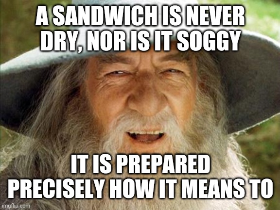A Wizard Is Never Late | A SANDWICH IS NEVER DRY, NOR IS IT SOGGY; IT IS PREPARED PRECISELY HOW IT MEANS TO | image tagged in a wizard is never late | made w/ Imgflip meme maker