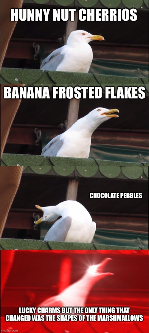 Inhaling Seagull Meme | HUNNY NUT CHERRIOS; BANANA FROSTED FLAKES; CHOCOLATE PEBBLES; LUCKY CHARMS BUT THE ONLY THING THAT CHANGED WAS THE SHAPES OF THE MARSHMALLOWS | image tagged in memes,inhaling seagull | made w/ Imgflip meme maker