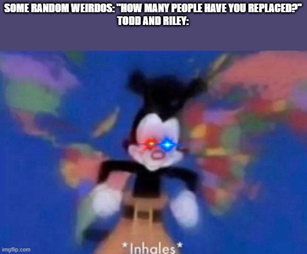 does anyonoe even remember the replacements? i just started watching it on disney+ | SOME RANDOM WEIRDOS: "HOW MANY PEOPLE HAVE YOU REPLACED?''
TODD AND RILEY: | image tagged in inhales | made w/ Imgflip meme maker