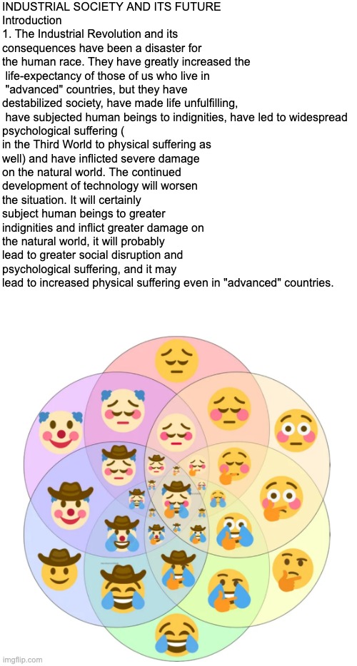 INDUSTRIAL SOCIETY AND ITS FUTURE

Introduction

1. The Industrial Revolution and its 
consequences have been a disaster for 
the human race. They have greatly increased the
 life-expectancy of those of us who live in
 "advanced" countries, but they have 
destabilized society, have made life unfulfilling,
 have subjected human beings to indignities, have led to widespread psychological suffering (
in the Third World to physical suffering as well) and have inflicted severe damage on the natural world. The continued development of technology will worsen the situation. It will certainly subject human beings to greater indignities and inflict greater damage on the natural world, it will probably lead to greater social disruption and psychological suffering, and it may lead to increased physical suffering even in "advanced" countries. | made w/ Imgflip meme maker