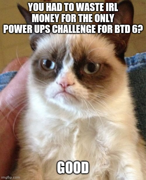 I fell pretty bad that tewtiy had to waste so much money. At least he's a youtuber |  YOU HAD TO WASTE IRL MONEY FOR THE ONLY POWER UPS CHALLENGE FOR BTD 6? GOOD | image tagged in memes,grumpy cat | made w/ Imgflip meme maker