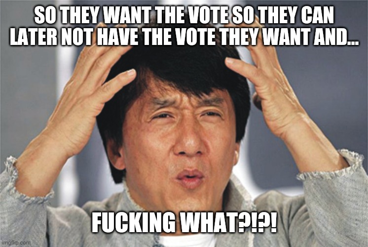 Jackie Chan Confused | SO THEY WANT THE VOTE SO THEY CAN LATER NOT HAVE THE VOTE THEY WANT AND... FUCKING WHAT?!?! | image tagged in jackie chan confused | made w/ Imgflip meme maker