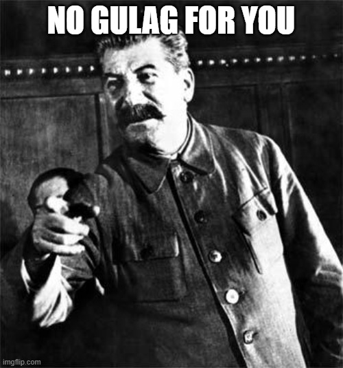 Stalin | NO GULAG FOR YOU | image tagged in stalin | made w/ Imgflip meme maker