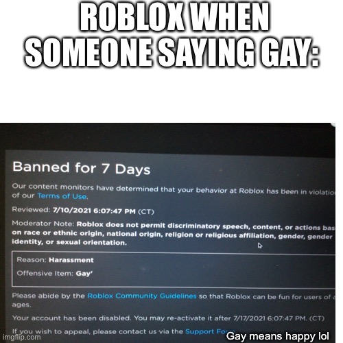 I was banned on Roblox for saying gay... gay = happy lmao | ROBLOX WHEN SOMEONE SAYING GAY:; Gay means happy lol | image tagged in roblox,banned from roblox | made w/ Imgflip meme maker