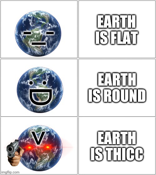 Round. Not THICC | EARTH IS FLAT; EARTH IS ROUND; EARTH IS THICC | image tagged in earth format,earth,flat earth | made w/ Imgflip meme maker
