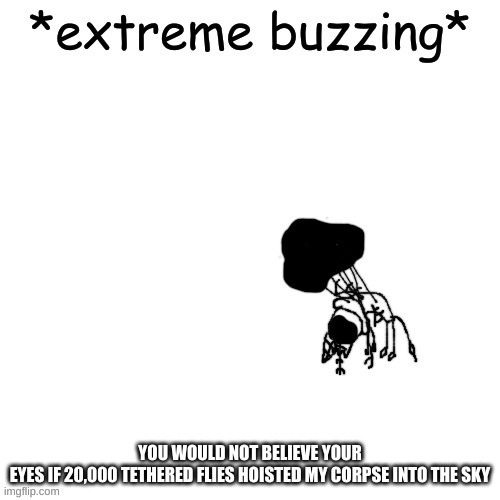 you would not believe your eyes if 20,000 tethered flies hoisted my corpse into the sky | YOU WOULD NOT BELIEVE YOUR EYES IF 20,000 TETHERED FLIES HOISTED MY CORPSE INTO THE SKY | image tagged in you would not believe your eyes,if 20000 tethered flies,hoisted my corpse into the sky | made w/ Imgflip meme maker