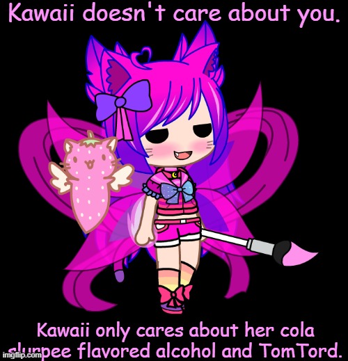 Kawaii doesn't care about you. Kawaii only cares about her cola slurpee flavored alcohol and TomTord. | made w/ Imgflip meme maker