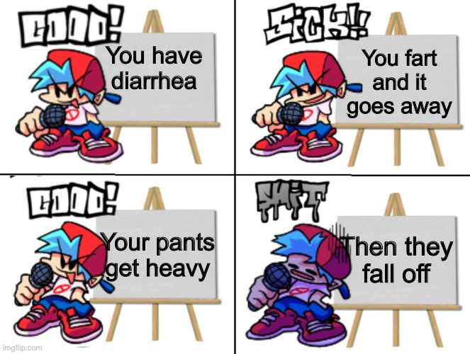 the bf's plan | You fart and it goes away; You have diarrhea; Your pants get heavy; Then they fall off | image tagged in the bf's plan | made w/ Imgflip meme maker