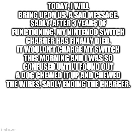 RIP... | TODAY, I WILL BRING UPON US, A SAD MESSAGE. SADLY, AFTER 3 YEARS OF FUNCTIONING, MY NINTENDO SWITCH CHARGER HAS FINALLY DIED. IT WOULDN'T CHARGE MY SWITCH THIS MORNING AND I WAS SO CONFUSED UNTIL I FOUND OUT A DOG CHEWED IT UP AND CHEWED THE WIRES, SADLY ENDING THE CHARGER. | image tagged in memes,blank transparent square | made w/ Imgflip meme maker