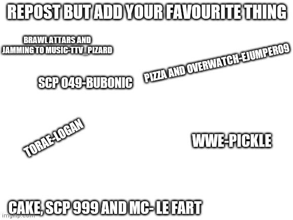 Go on repost it | REPOST BUT ADD YOUR FAVOURITE THING; BRAWL ATTARS AND JAMMING TO MUSIC-TTV_PIZARD; PIZZA AND OVERWATCH-EJUMPER09; SCP 049-BUBONIC; TORAE-LOGAN; WWE-PICKLE; CAKE, SCP 999 AND MC- LE FART | image tagged in blank white template | made w/ Imgflip meme maker