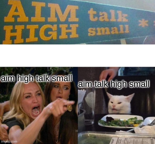 ‎ | aim high talk small; aim talk high small | image tagged in memes,woman yelling at cat,you had one job | made w/ Imgflip meme maker