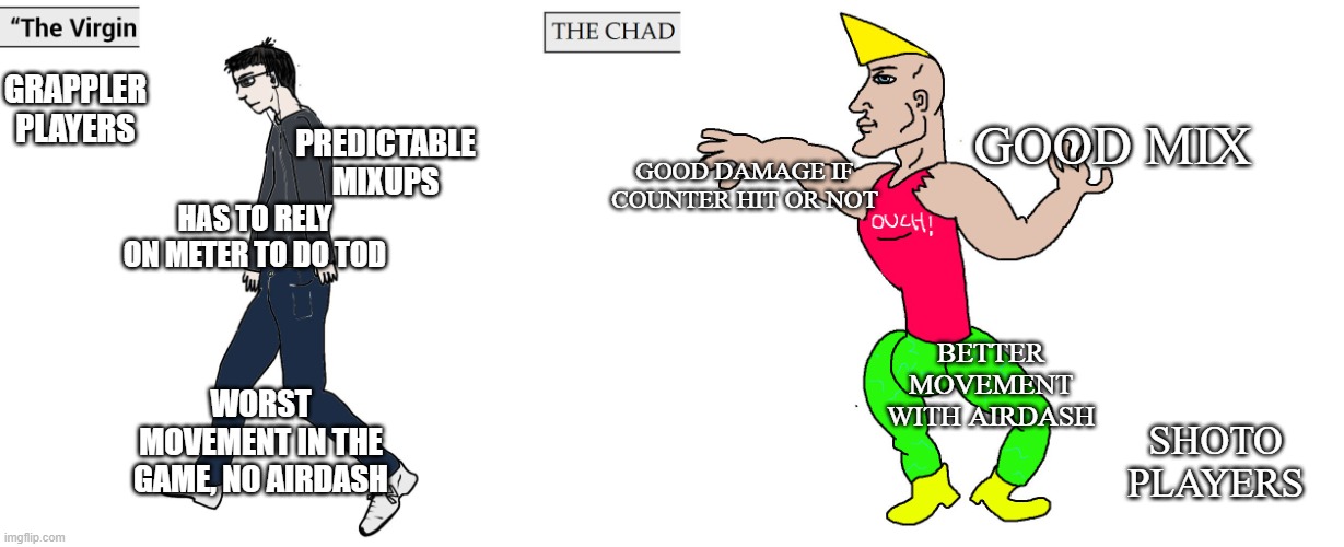 Virgin and Chad | GRAPPLER PLAYERS; GOOD MIX; PREDICTABLE MIXUPS; GOOD DAMAGE IF COUNTER HIT OR NOT; HAS TO RELY ON METER TO DO TOD; BETTER MOVEMENT WITH AIRDASH; WORST MOVEMENT IN THE GAME, NO AIRDASH; SHOTO PLAYERS | image tagged in virgin and chad,fighting games | made w/ Imgflip meme maker