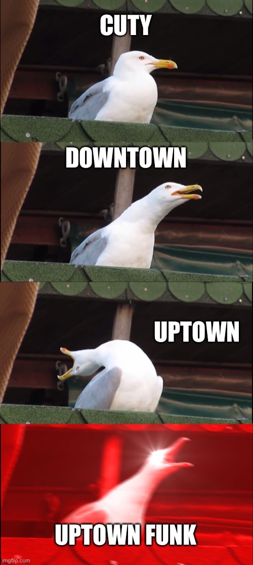 Lol upvote | CUTY; DOWNTOWN; UPTOWN; UPTOWN FUNK | image tagged in memes,inhaling seagull | made w/ Imgflip meme maker