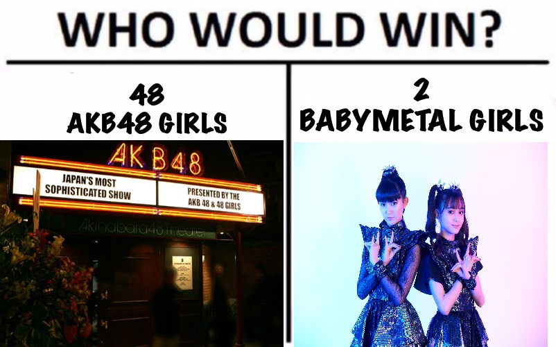 Who would win? | 2
BABYMETAL GIRLS; 48
AKB48 GIRLS | image tagged in akb48,babymetal | made w/ Imgflip meme maker