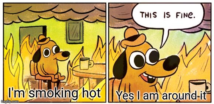 Im smoking hot | Yes I am around it; I'm smoking hot | image tagged in memes,this is fine,sarcasm,hot babes | made w/ Imgflip meme maker