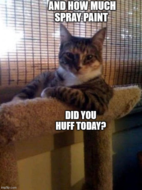 The Most Interesting Cat In The World | AND HOW MUCH SPRAY PAINT; DID YOU HUFF TODAY? | image tagged in memes,the most interesting cat in the world | made w/ Imgflip meme maker