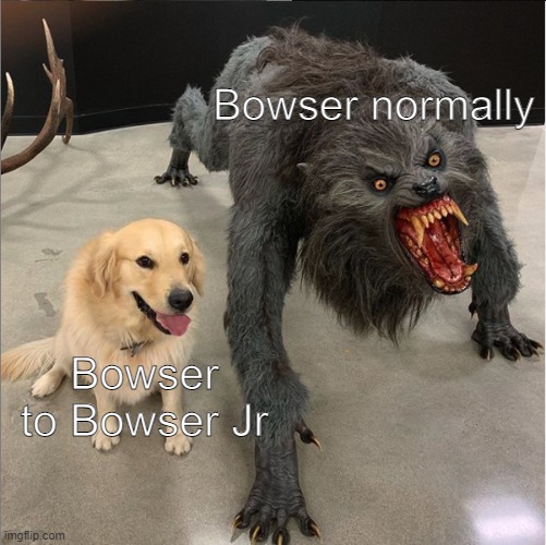 Bowser is a bad guy but a really good father tbh | Bowser normally; Bowser to Bowser Jr | image tagged in dog vs werewolf | made w/ Imgflip meme maker