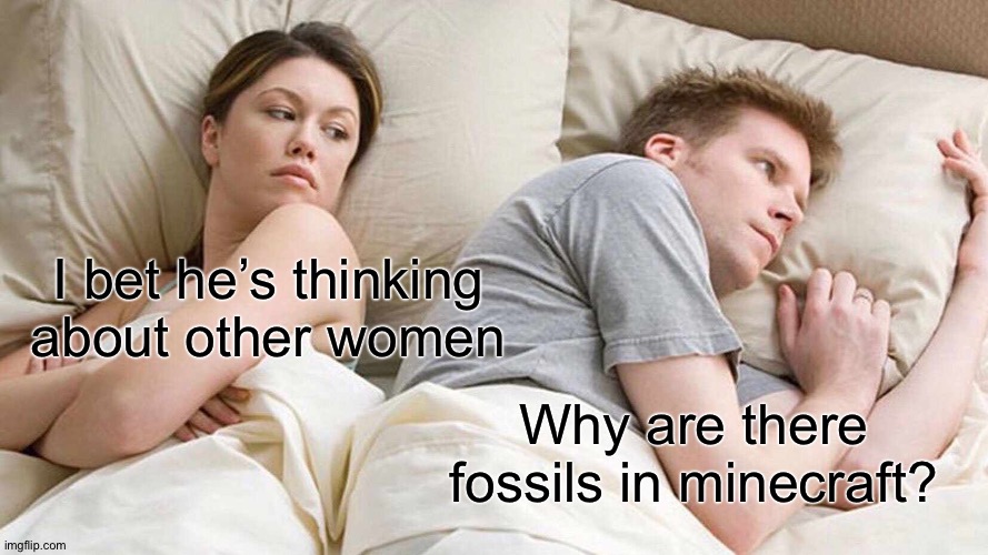 A mystery still remains | I bet he’s thinking about other women; Why are there fossils in minecraft? | image tagged in memes,i bet he's thinking about other women | made w/ Imgflip meme maker