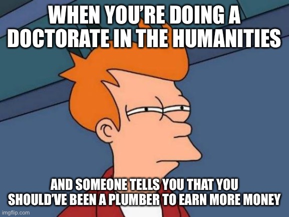 Futurama Fry Meme | WHEN YOU’RE DOING A DOCTORATE IN THE HUMANITIES; AND SOMEONE TELLS YOU THAT YOU SHOULD’VE BEEN A PLUMBER TO EARN MORE MONEY | image tagged in memes,futurama fry | made w/ Imgflip meme maker