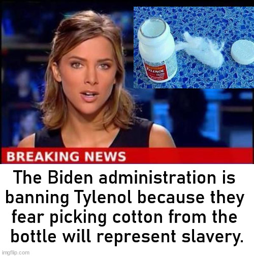 Some humor back in politics | The Biden administration is 
banning Tylenol because they 
fear picking cotton from the 
bottle will represent slavery. | image tagged in breaking news,politics,bold move cotton | made w/ Imgflip meme maker