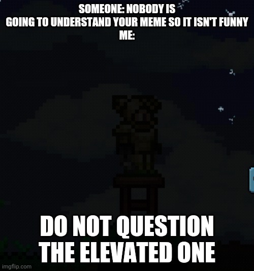 Terraria meme | SOMEONE: NOBODY IS GOING TO UNDERSTAND YOUR MEME SO IT ISN'T FUNNY
ME:; DO NOT QUESTION THE ELEVATED ONE | image tagged in terraria | made w/ Imgflip meme maker