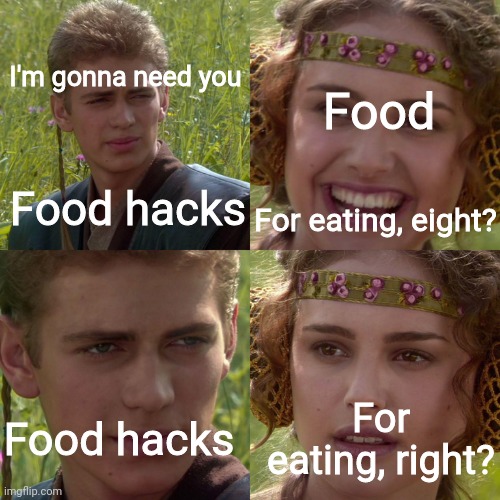 Don't use Tiktok | Food; I'm gonna need you; Food hacks; For eating, eight? Food hacks; For eating, right? | image tagged in anakin padme 4 panel | made w/ Imgflip meme maker