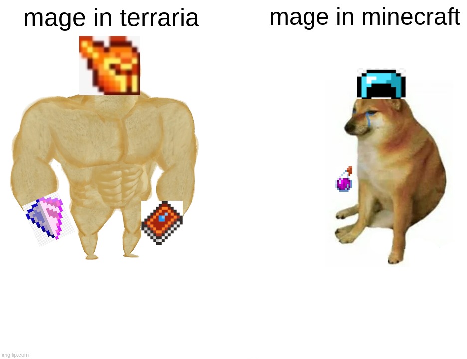 Buff Doge vs. Cheems | mage in terraria; mage in minecraft | image tagged in memes,buff doge vs cheems | made w/ Imgflip meme maker