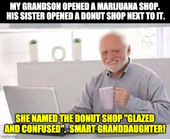 Glazed | MY GRANDSON OPENED A MARIJUANA SHOP.  HIS SISTER OPENED A DONUT SHOP NEXT TO IT. SHE NAMED THE DONUT SHOP "GLAZED AND CONFUSED".  SMART GRANDDAUGHTER! | image tagged in harold | made w/ Imgflip meme maker