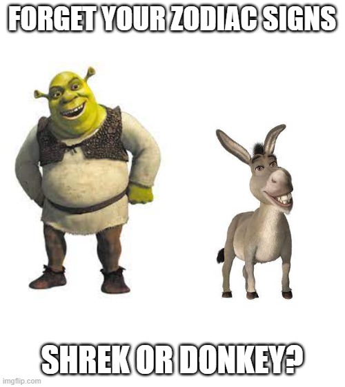 my choice is shrek | FORGET YOUR ZODIAC SIGNS; SHREK OR DONKEY? | image tagged in blank white template | made w/ Imgflip meme maker