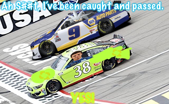 Lando Norris passes Silver crucially for the lead with 6 laps to go. | Ah S##t, I’ve been caught and passed. YES! | image tagged in lando norris,silver,nmcs,nascar,memes | made w/ Imgflip meme maker