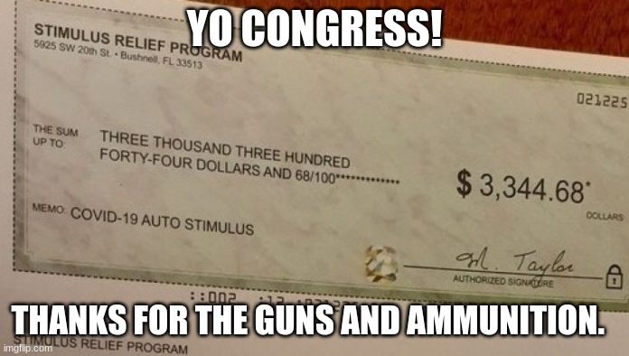 Sincerely, a free American | YO CONGRESS! THANKS FOR THE GUNS AND AMMUNITION. | image tagged in stimulus check,national bribe,2nd amendment,this we will defend,biden's amerikia,government greed | made w/ Imgflip meme maker