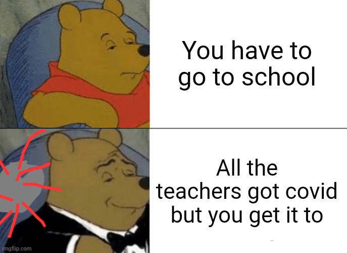 True | You have to go to school; All the teachers got covid but you get it to | image tagged in memes,tuxedo winnie the pooh | made w/ Imgflip meme maker